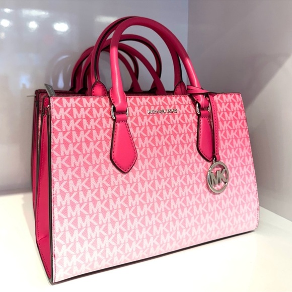 Michael Kors Sheila Medium Signature CZ Logo Satchel Crossbody Bag Dragonfruit - Picture 2 of 8